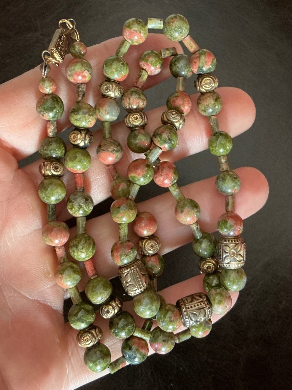 Vintage Unakite Natural Polished Bead Necklace & Earring Set Marbled Stones EUC - Picture 2 of 16